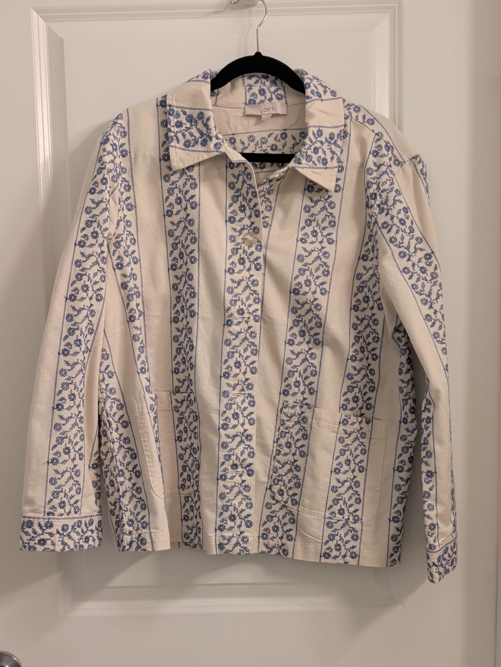 LOFT Cream Jacket with Blue Embroidered Stripes
